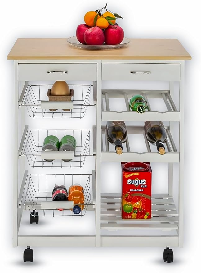 Kitchen Island Cart with Drawers, Lockable Wheels - Rolling Serving Utility Trolley - Mobile Countertop Open Shelf Storage Cabinet Basket for Dining Room, Coffee Bar (White)