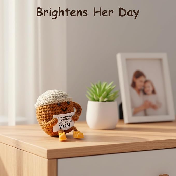 Birthday Gifts for Mom from Daughter Son Kids, Mothers Day Crochet Coffee Lover Gifts, Cute Funny Small Handmade Presents Meaningful Desk Decor