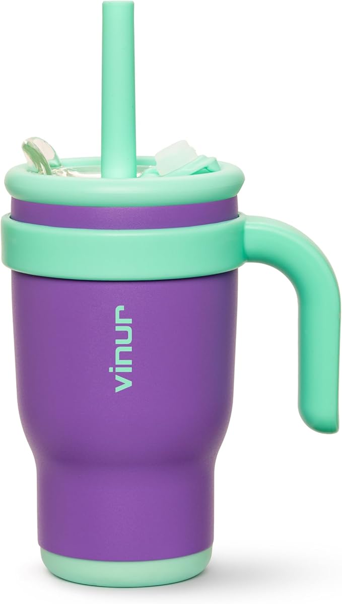 VINUR Kids Tumbler with with Lid and Straw -14 oz Stainless Steel Vacuum Insulated Tumbler Travel Mug with Handle & Silicone Base-Gifts for Girls, Purple