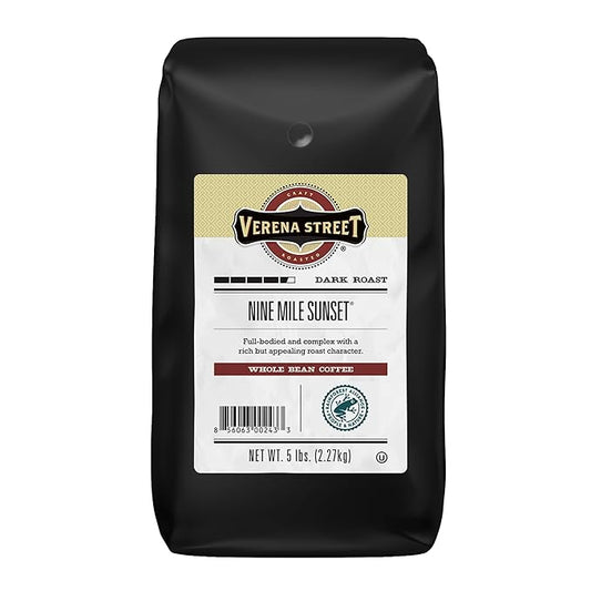 Verena Street 5 Pound Whole Bean Coffee, Dark Roast, Nine Mile Sunset, Rainforest Alliance Certified Arabica Coffee