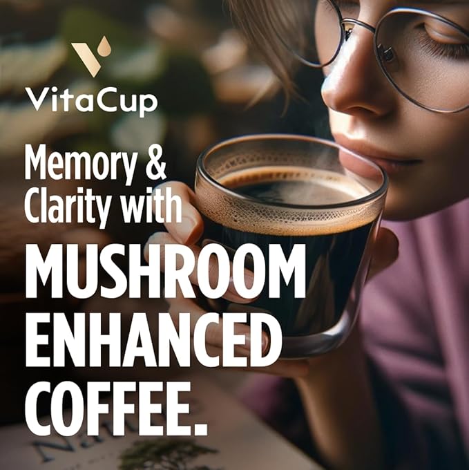VitaCup Mushroom Coffee Instant Packets, for Memory & Clarity Support, w/Fiber, Chaga, Lion’s Mane, D3, B Vitamins, Medium Roast, 100% Arabica & Robusta Coffee in Single Serve Sticks, 72 Ct