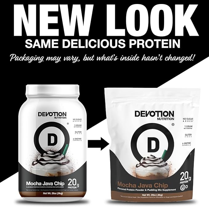 Devotion Nutrition Protein Powder Mocha Java Chip – 20g Whey Isolate & Casein Protein Blend – No Added Sugar, Low Carb, Gluten-Free, Keto-Friendly, 1g MCT, Kosher – 2lb Pouch
