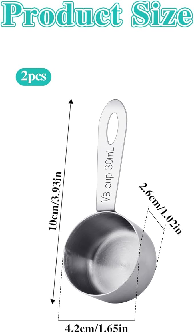 2Pcs 1/8 Cup Measuring Cup, 30ml Scoop, Stainless Steel Measuring Cups, Coffee Scoops, Measuring Scoops for Canisters Tablespoon Measure Spoon, Short Handle Cooking Measuring Scoop(30ML)
