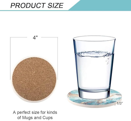 Lahome Marble Style Coasters - Round Drinks Absorbent Stone Coaster Set with Ceramic Stone and Cork Base for Kinds of Mugs and Cups (Blue, 4)