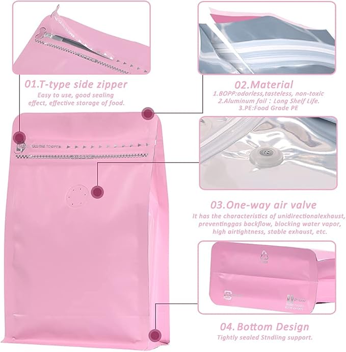 coffee bags with Valve High Barrier Aluminumed Foil Flat Bottom Standing Coffee Beans Storage Bags,Reusable Heat Sealable Side Zipper Pouches (8oz/50pc, Pink)