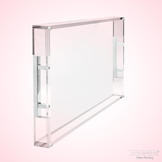 Modern 16"x12" Rectangle Acrylic Lucite Plastic Decorative Serving Tray with Silver Stainless Steel Metal Handles for Home Decor Ottoman Coffee Table Food Fruits Lap Vanity Perfume by Home Redefined