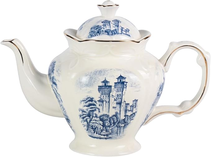 KAMMAK Teapot with Handle, Vintage Porcelain Tea Pot with Gold Trim, Blooming & Loose Leaf Teapot, Festive Holiday Serveware, Gifts for Women, Vintage Blue - 33 oz