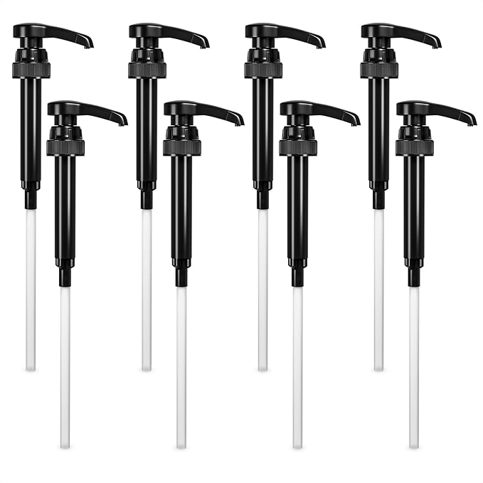 8 Pcs Pumps for Syrup Bottles Black - Coffee Syrup Pump Dispenser Set, 750ml Bottles with Food-Grade Plastic Adjustable Tube, 10ml per Pump - Easy Cleaning, Lockable Mechanism | for Syrups & Sauces