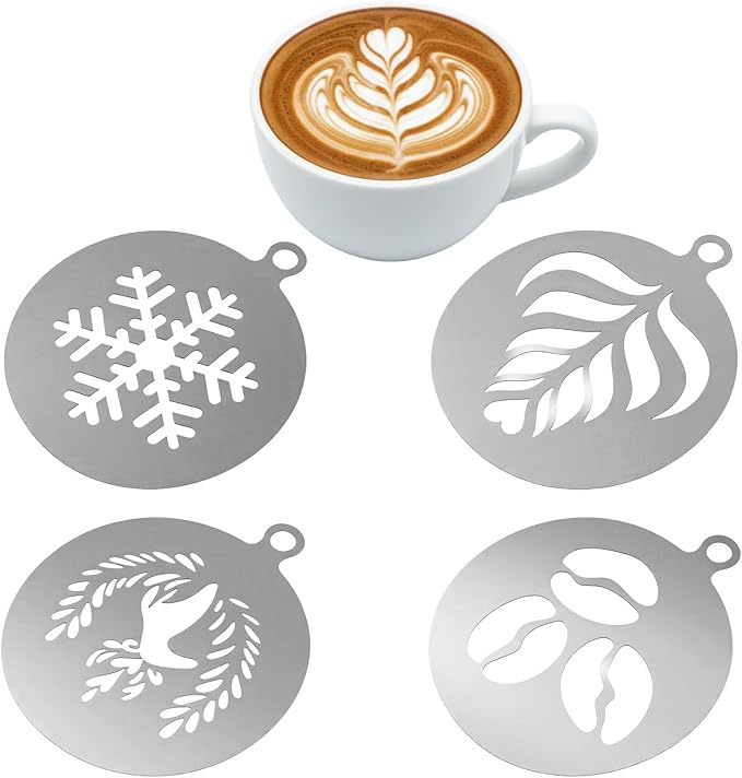 4 Pcs Coffee Stencils Latte Art, Latte Art Stencils Stainless Steel Construction, Coffee Stencil Short Handle Design for Professional Home Cafe and Baking Decoration Use