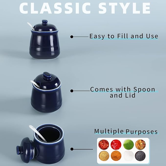 HAOTOP Porcelain Salt Bowl with Lid and Spoon,Ceramic Sugar Bowl 12oz (Navy)
