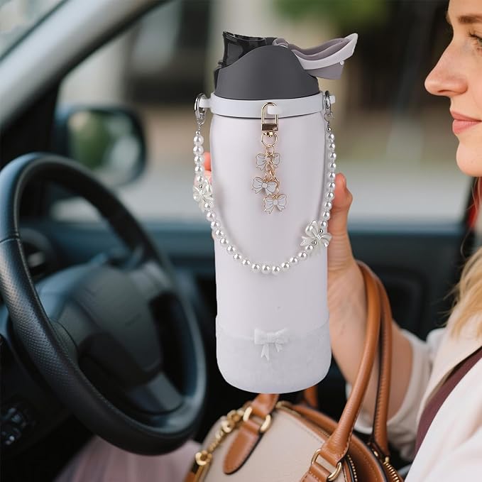 Water Bottle Accessories Set for Owala FreeSip 24oz、32 oz– Includes Pearl Handle Strap, Bow Charms,2.9in .3inch Silicone Bling Boot for Owala Accessories for Women
