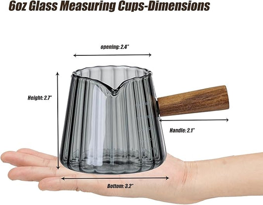 FANTESTICRYAN 6OZ Measuring Cup, Ribbed Borosilicate Glass Espresso Cup, V-Shaped Spout Drain Espresso Double Shots, Coffee Milk Tea Accessories (Dark Gray, Wood Handle)