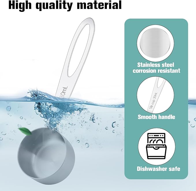 4Pcs 1/8 Cup Measuring Cup, 30ml Scoop, Stainless Steel Measuring Cups, Coffee Scoops, Measuring Scoops Tablespoon Measure Spoon, Short Handle & Long Handle Cooking Measuring Scoop(30ML)