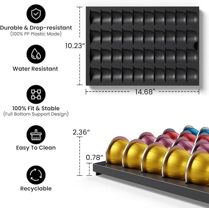 Coffee Pod Drawer Insert Compatible with Nespresso Vertuo，40 Capsules Storage Holder Tray for Counter Drawer in Home Kitchen Office