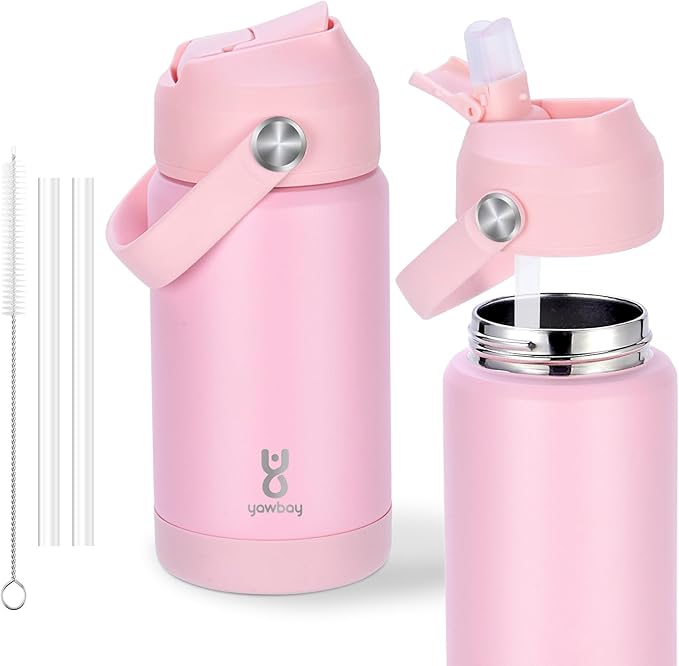 Kids Water Bottle for School 12 oz,Stainless Steel Insulated Water Bottles,Pink Water Bottles for Toddler Girls Boys with Straw Lids & Handle