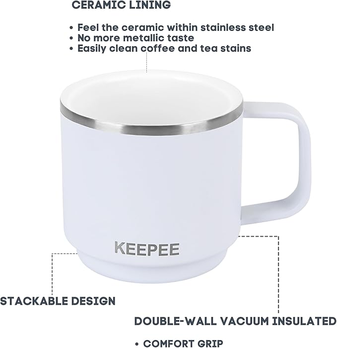 4 oz Stackable Cup with Handle, Vacuum Insulated Espresso Coffee Cup with Ceramic Coating, Stainless Steel, 2 Pack, White