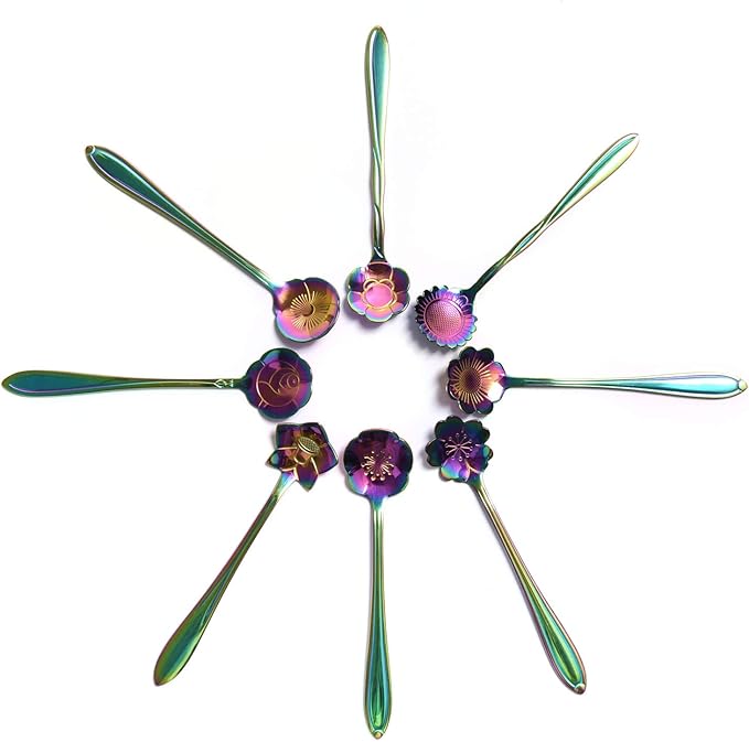 Stainless Steel Tableware Creative Flower Coffee, Sugar, Stir, Mix, Stir Bar, Tea, Cake, Sugar, Dessert Ice Cream Spoon Set of 8, Rainbow