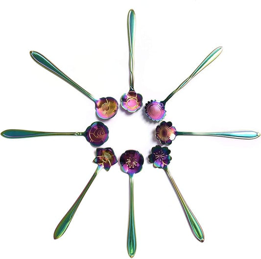 Stainless Steel Tableware Creative Flower Coffee, Sugar, Stir, Mix, Stir Bar, Tea, Cake, Sugar, Dessert Ice Cream Spoon Set of 8, Rainbow