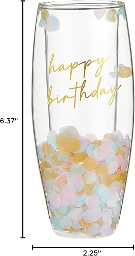 Slant Collections Double-Wall Glass Stemless Champagne Glass Colorful Confetti Birthday, 8-Ounces, Happy Birthday