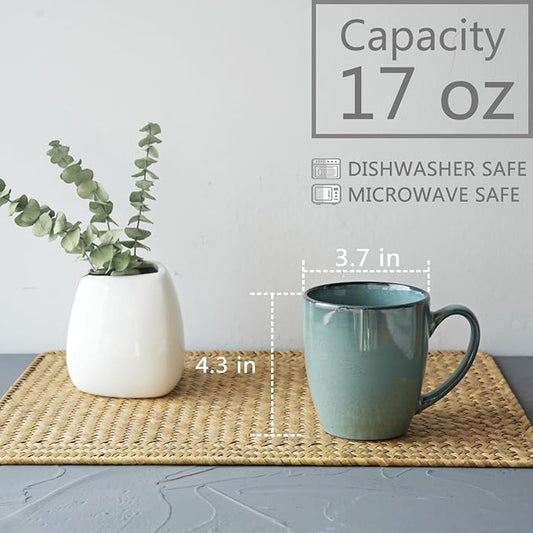 Bosmarlin Ceramic Coffee Mug Set of 4, 17 Oz, Coffee Cups with Big Handle, Microwave Safe, Unique Reactive Glaze (Lake Green, 17 Oz)