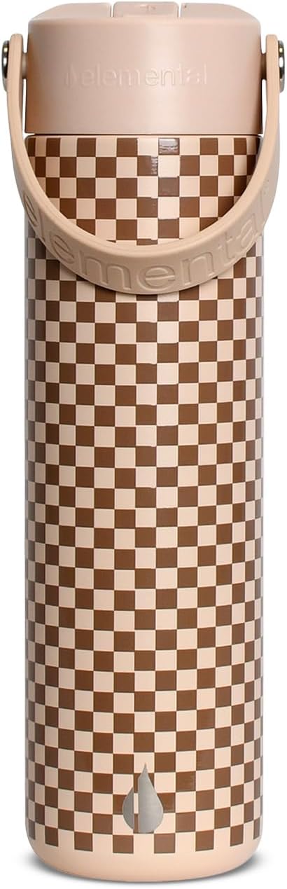 Elemental 24oz Insulated Water Bottle with Straw - 100% Leak-Proof Stainless Steel Core Water Bottles for Travel, Sports and Gym - Double Wall Insulation & BPA Free - Brown Check