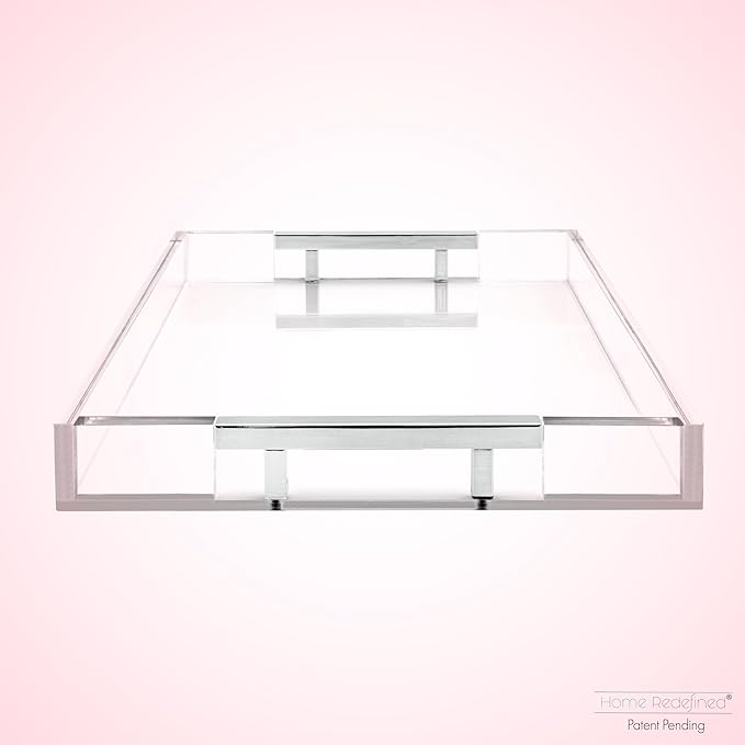 Modern 16"x12" Rectangle Acrylic Lucite Plastic Decorative Serving Tray with Silver Stainless Steel Metal Handles for Home Decor Ottoman Coffee Table Food Fruits Lap Vanity Perfume by Home Redefined