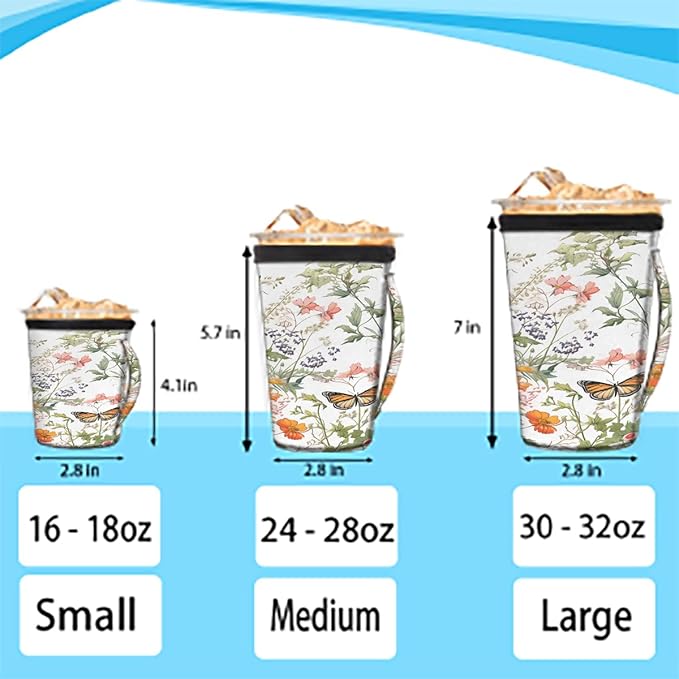 Reusable Iced Coffee Cup Sleeve Spring Flowers Butterfly Neoprene Insulated Sleeves Cup Holder with handle Idea for 16oz - 18oz