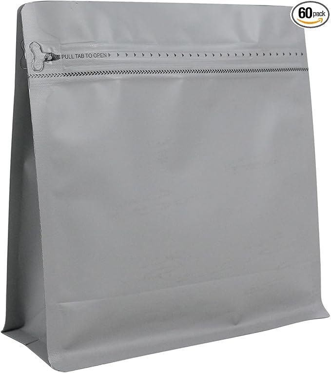 60 Pack High Barrier Stand-Up Coffee Bean Bags with Vented Valve Matte Metallic Heat-Sealable & Resealable Solid Color Pouches (Square,7.7 * 8 inch,1 lb,Gray)