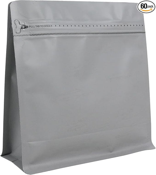 60 Pack High Barrier Stand-Up Coffee Bean Bags with Vented Valve Matte Metallic Heat-Sealable & Resealable Solid Color Pouches (Square,7.7 * 8 inch,1 lb,Gray)