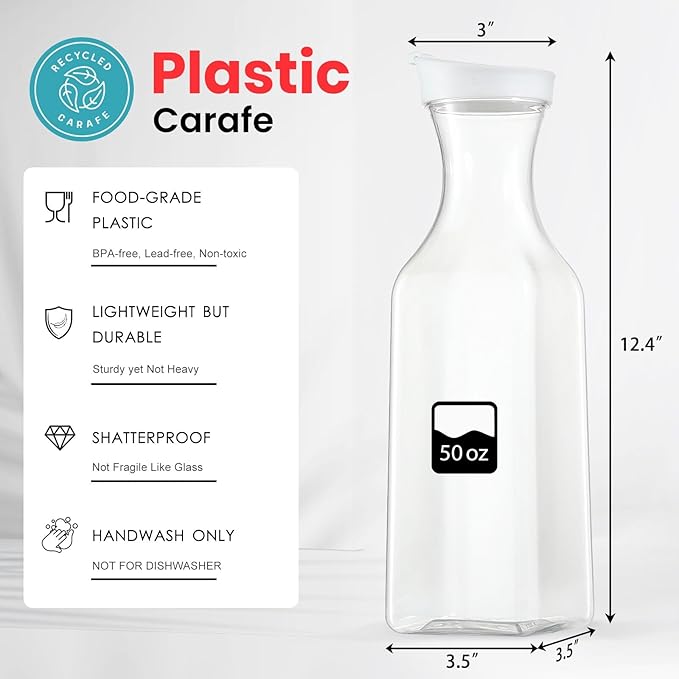Plastic 4 Pack Large 50 Oz Water Carafe with Flip Top Lid, Square Base Juice Containers, Clear Plastic Pitcher - for Water, Iced Tea, Juice, Lemonade, Milk, Cold Brew and Mimosa Bar - HAND WASH ONLY