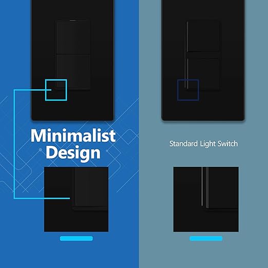 LIDER Matte Finish Lighted Double Switch with Screwless Wall Plate, Combination Frameless Decorator Switch with Locator Light, Ground Terminal Single Pole, 15A 120V, UL Listed, Black, 2 Pack