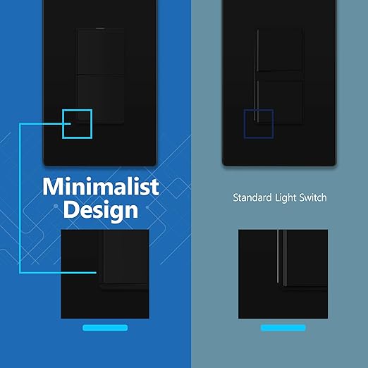 LIDER Minimalist Design Matte Finish Lighted Double Switch with Screwless Wall Plate, Combination Frameless Decorator Switch with Locator Light, Ground Terminal Single Pole, 15A 120V, UL Listed, Black