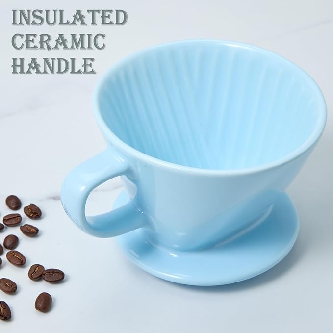 Pour Over Coffee Dripper, Ceramic Pour Over Coffee Maker with 3 Holes Flat Bottom, Easy Manual Brew Maker, Porcelain Slow Filter Cone for Travel, Camping, Office, Home, Blue