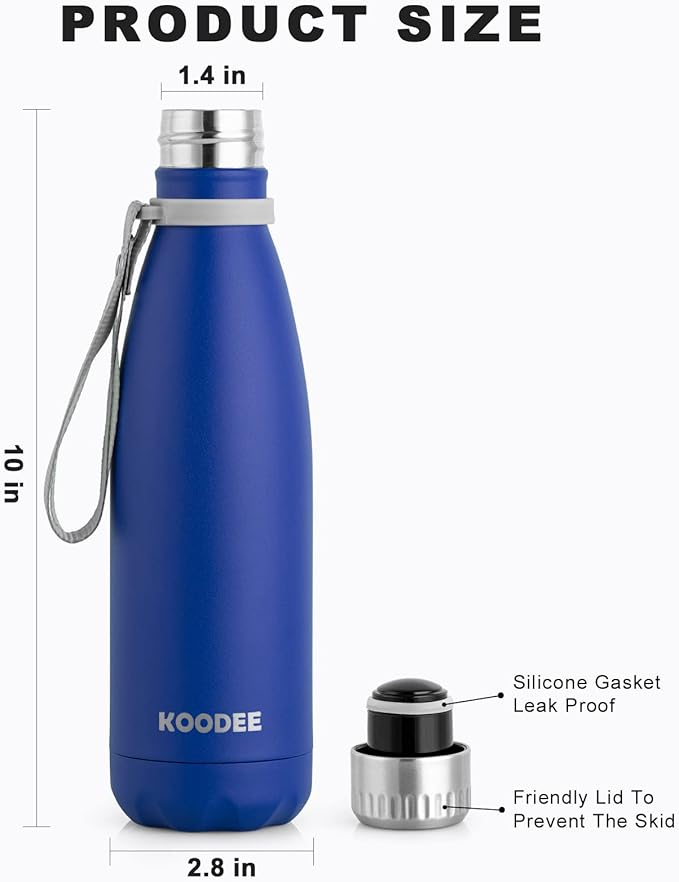 koodee Water Bottle 2 Pack 17 oz Stainless Steel Double Wall Vacuum Insulated Sports Water Bottle with Leak Proof Lid, Cola Shape Travel Flask for Men (2 Pack Navy)