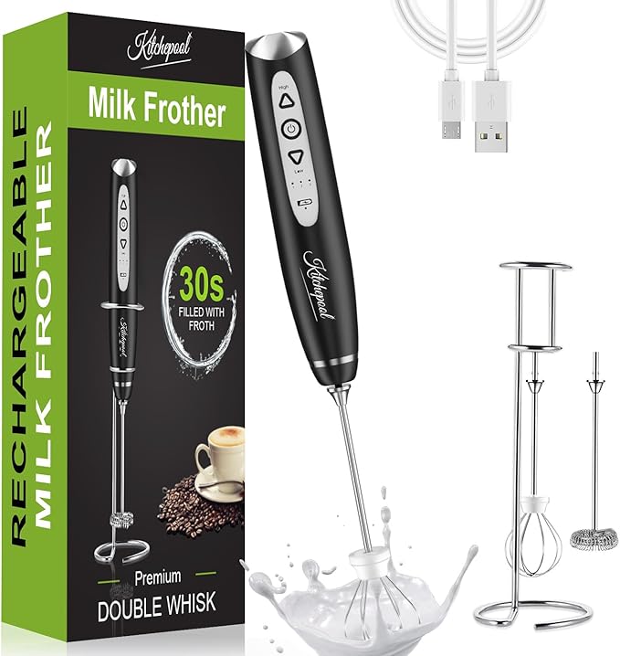 Rechargeable Milk Frother Wand with Stand for Coffee, Electric Whisk with 3 Speed Adjustable, Drink Mixer Handheld for Lattes, Cappuccino, Hot Chocolate, Egg, Dark Black