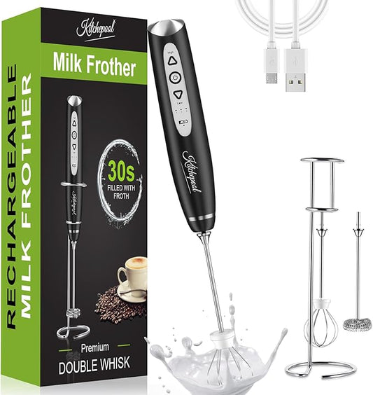 Rechargeable Milk Frother Wand with Stand for Coffee, Electric Whisk with 3 Speed Adjustable, Drink Mixer Handheld for Lattes, Cappuccino, Hot Chocolate, Egg, Dark Black