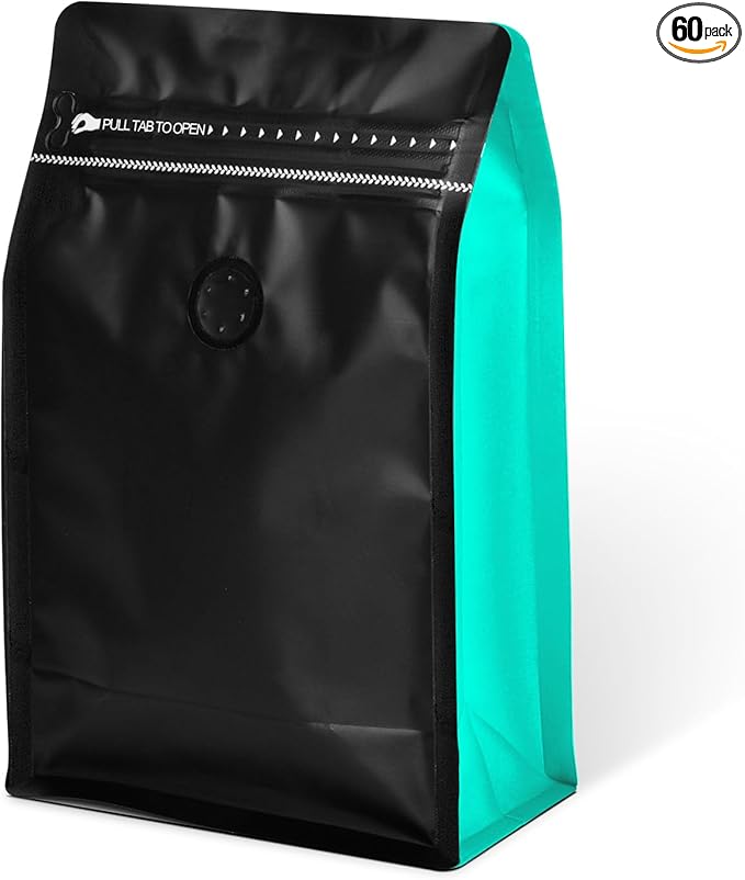 Coffee Bags with Valve(60pcs,8oz,0.5lb) Vented Coffee Beans Packaging Bags High Barrier Aluminumed Foil Flat Bottom Heat Sealed Side Zipper Resealable Storage Bag for Home or Business（Black+Blue）