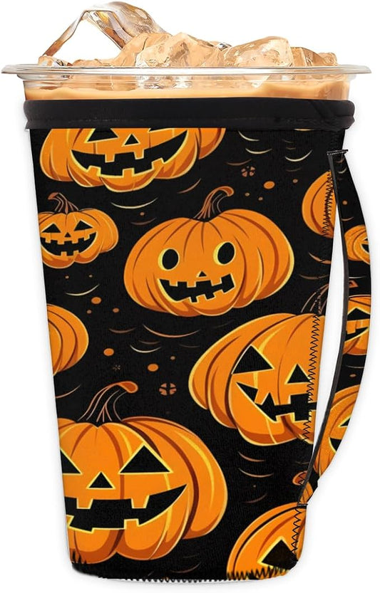 Funny Pumpkin Reusable Insulator Coffee Sleeves for Drinks Beverages, Halloween Neoprene Holder with Handle for Most Coffee or Ice Drink, 30-32oz