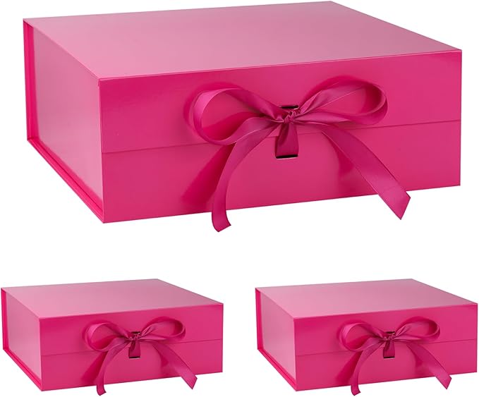 OEMVALATY Bright Pink Gift Box,16x16x6 Inches Gift Boxes with Lids for Presents with Magnetic Closure and Ribbon for Wedding,Storage,Birthday(3-Pack)