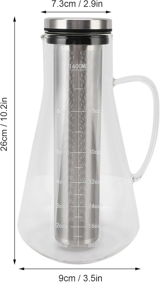 1600ML Mason Jar Pitcher with Stainless Steel Filter, Cold Brew Coffee Maker, Pour Spout Handle Lid, Airtight Leak Proof, Designed for Durability, Smoother and Rich Coffee Flavor