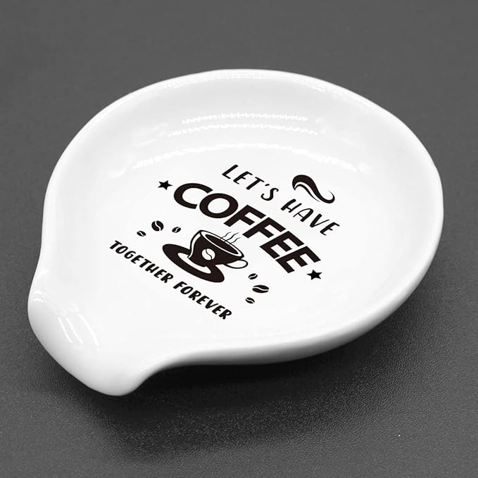 Funny Coffee Spoon Holder-Ceramic Cafe Spoon Rest-Cafe Shop Bar Accessories-Let’s Have Coffee Together Forever Sign