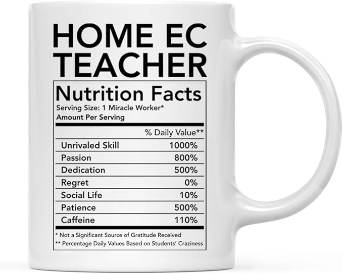 Andaz Press Funny 11oz. Ceramic Coffee Tea Mug Thank You Gift, Home Ec Teacher Nutritional Facts, 1-Pack