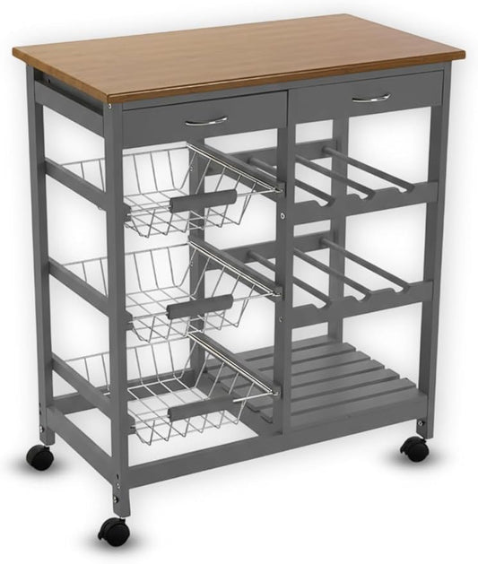 Kitchen Island Cart with Drawers, Lockable Wheels - Rolling Serving Utility Trolley - Mobile Countertop Open Shelf Storage Cabinet Basket for Dining Room, Coffee Bar (Grey)
