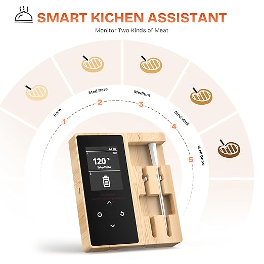 Smart Wireless Meat Thermometer with 2 Color-Coded Probes,Standalone Display Base, Accuracy ±1°F，Digital Bluetooth Thermometer for Cooking, Oven, Smoker, BBQ, Grill Real-Time Monitoring in App