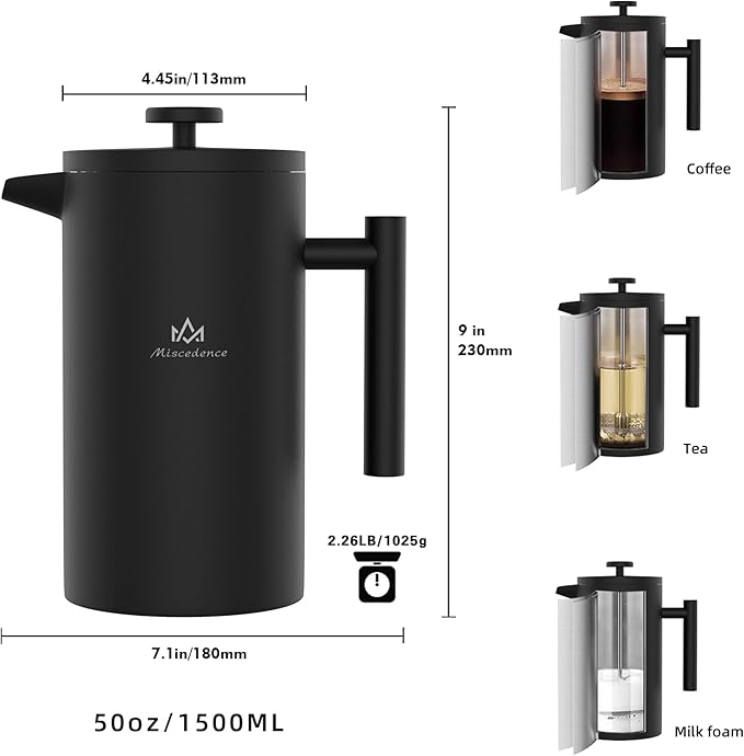 Miscedence French Press Coffee Maker，50OZ Double Wall Vacuum Insulated 304 Stainless Steel for Home, Camping and Office