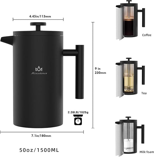 Miscedence French Press Coffee Maker，50OZ Double Wall Vacuum Insulated 304 Stainless Steel for Home, Camping and Office