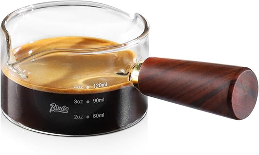 Espresso Shot Glasses with Wood Handle - 120ml Glass Coffee Bean Dosing Cup with Dual Spout,Clear Espresso Measuring Cup Glass for Barista Coffee Measure