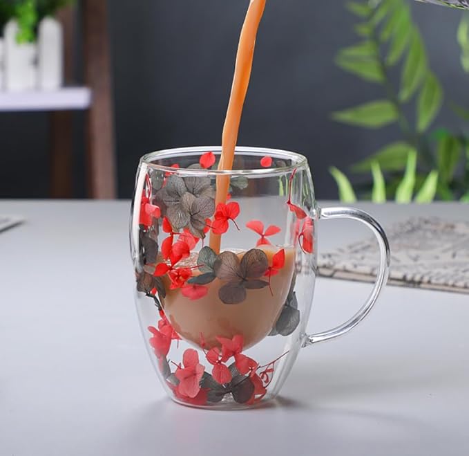 Double Glass Flower Tea Cup, Aesthetic Preserved Flower Cup, Cute Insulated Tea Cup with Handle, Heat Resistant & Lead-free Coffee Mugs, Gifts for Birthday Mother's Day, Perfect for Women Wife Mom (B)