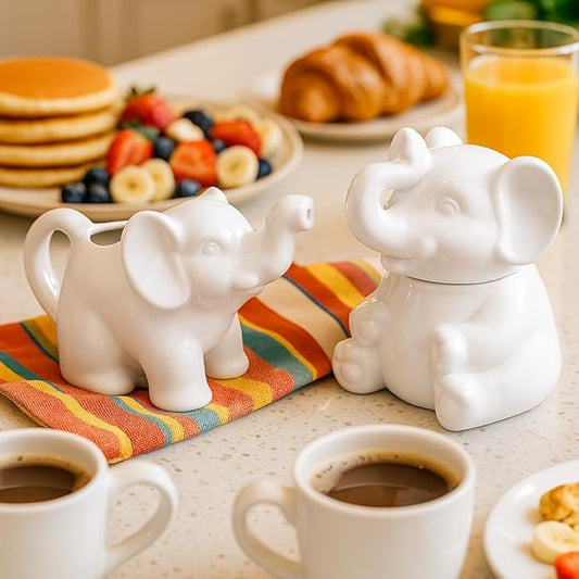 HIC Kitchen Elephant Sugar Bowl And Creamer With Handle, Fine Porcelain, For Serving Sugar, Milk, Cream, Syrup, And Sauces, 3-Piece Set