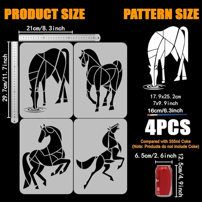 FINGERINSPIRE 4 Pcs Geometric Horses Painting Stencil with Paintbrush 11.7x8.3inch Reusable Elegant Horse Stencils for Painting on Wood, Fabric, Canvas & Furniture Home Decor